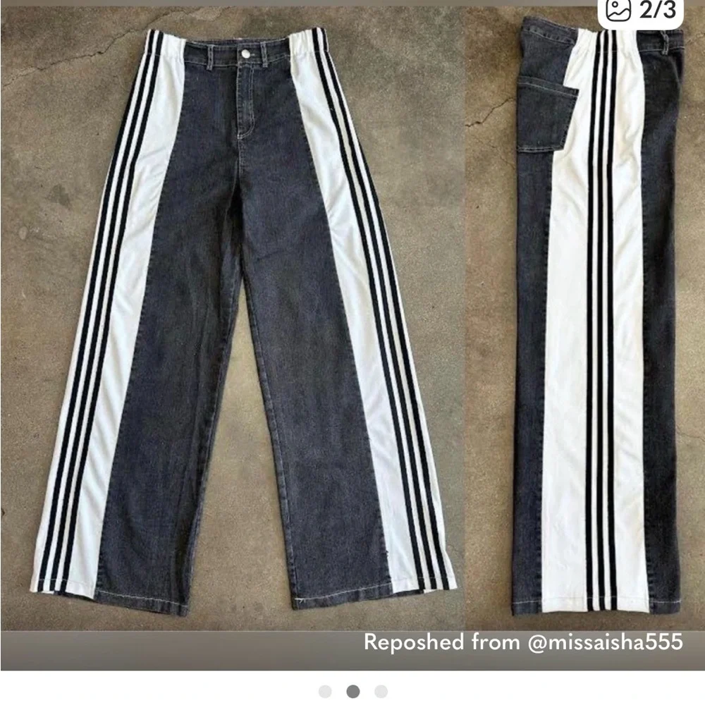 Stylish Denim Track Pants with Black Stripes - Picture 5 of 6